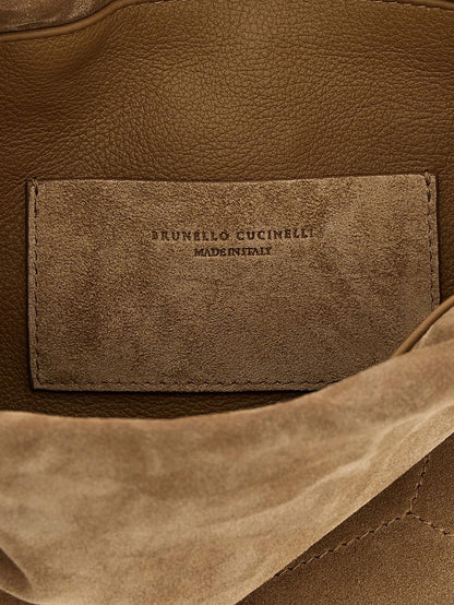 Brunello Cucinelli Suede shoulder bag with logo on the front - Beige
