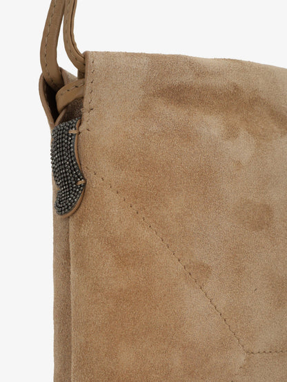 Brunello Cucinelli Suede shoulder bag with logo on the front - Beige