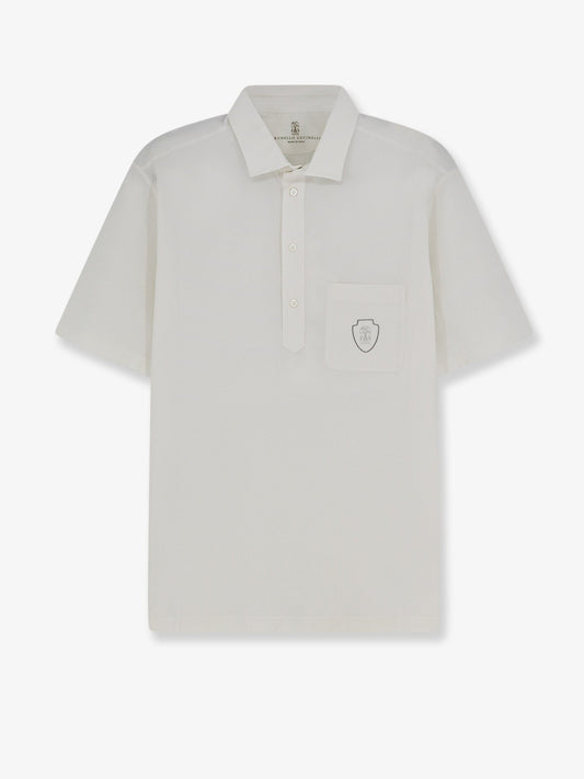 Brunello Cucinelli Virgin wool polo shirt with front logo patch - Biancogrigio