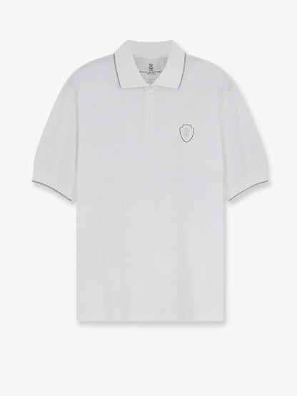 Brunello Cucinelli Technical fabric polo shirt with embroidered logo on the front - Biancoacciaio