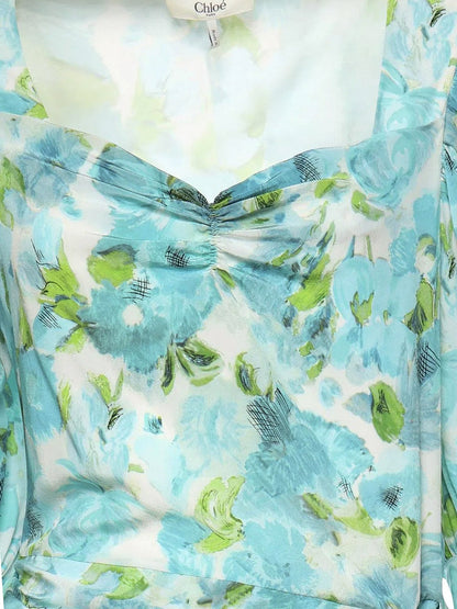Chloe' Silk dress with multicolor floral print - Whiteblue