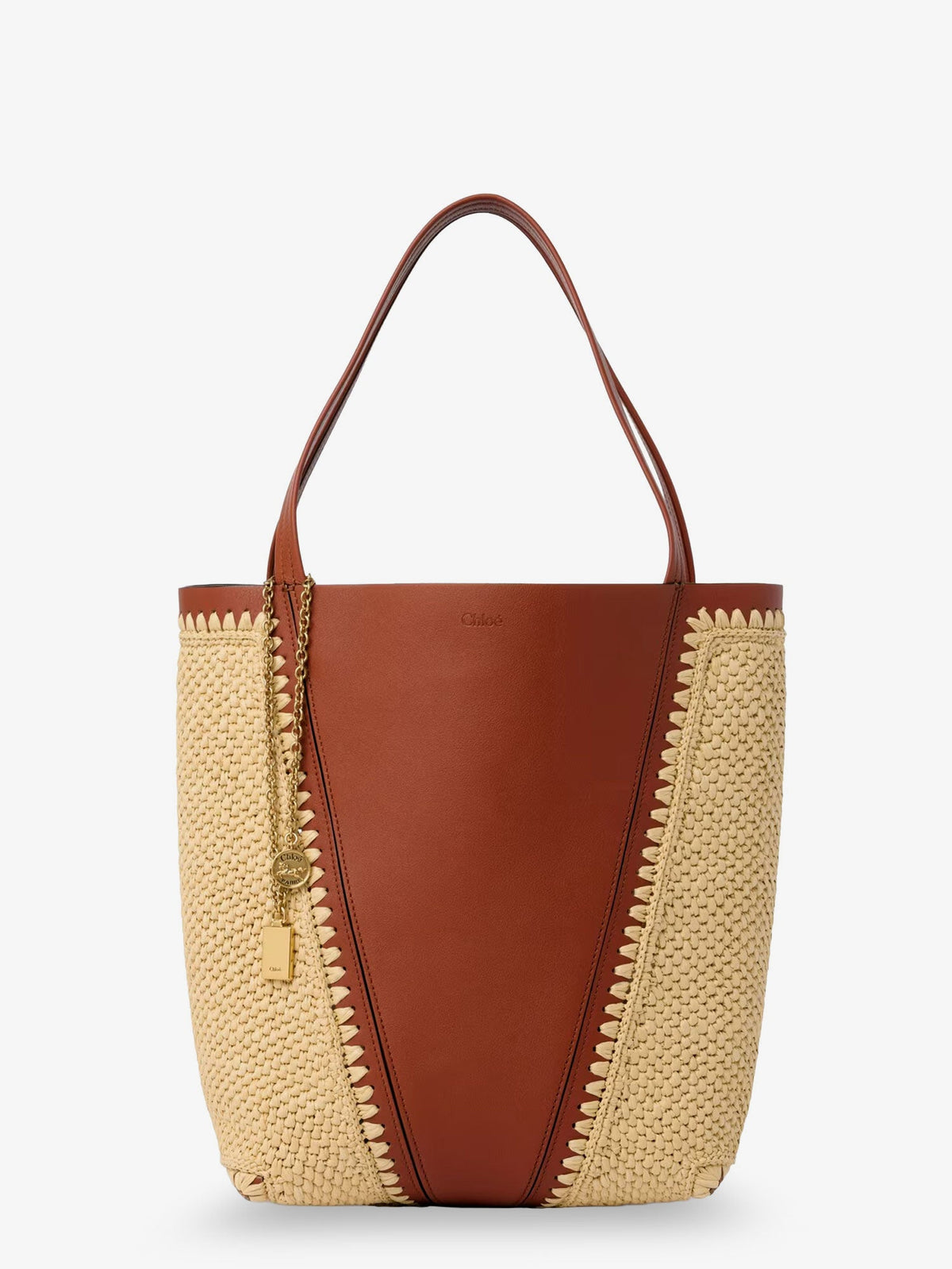 Chloe' Chloé Spin leather and raffia shoulder bag - Claybrown