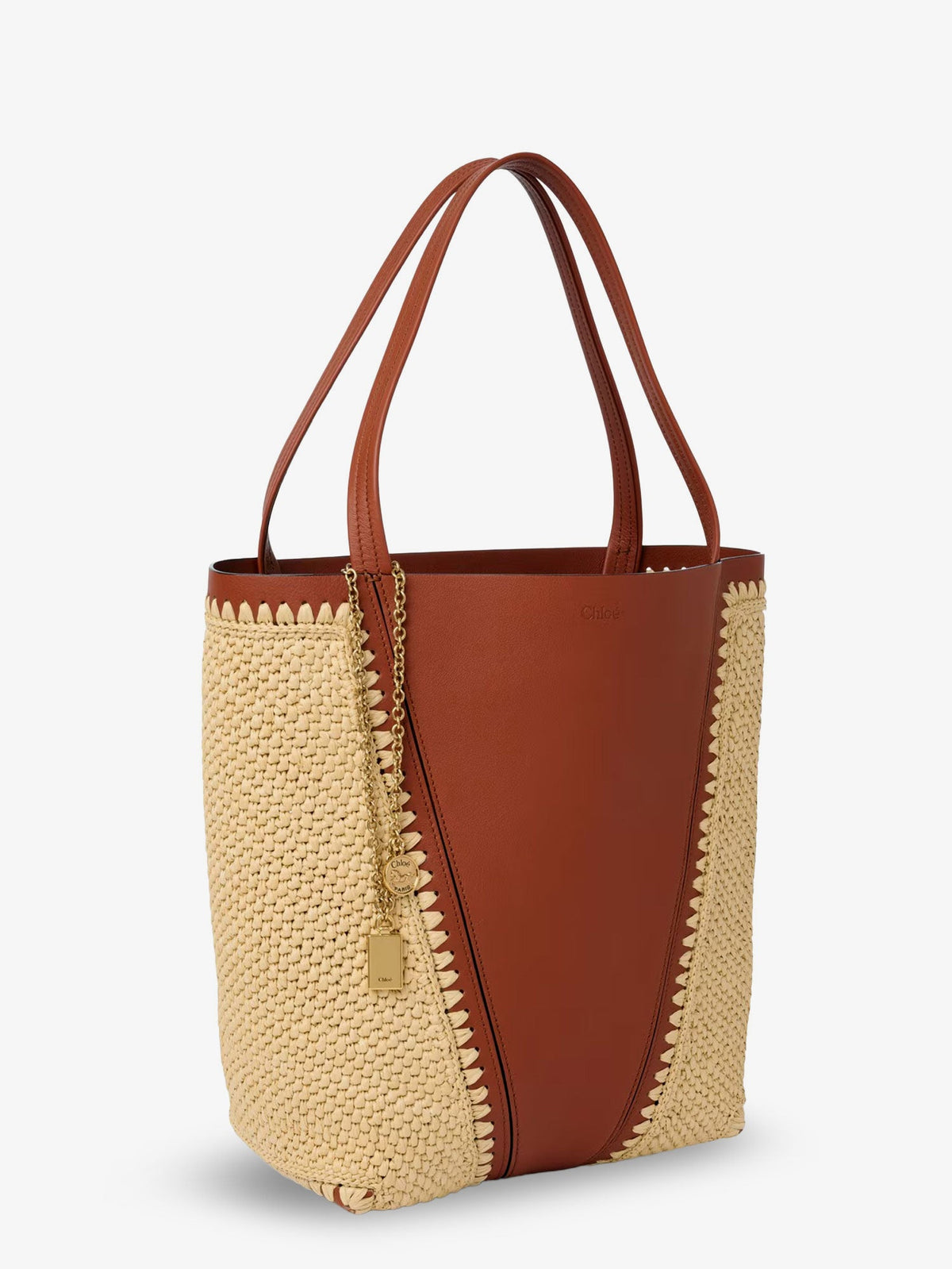 Chloe' Chloé Spin leather and raffia shoulder bag - Claybrown