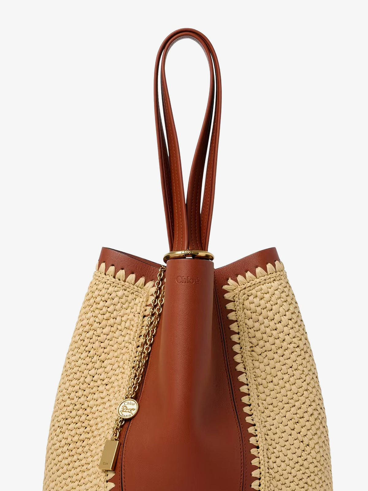 Chloe' Chloé Spin leather and raffia shoulder bag - Claybrown