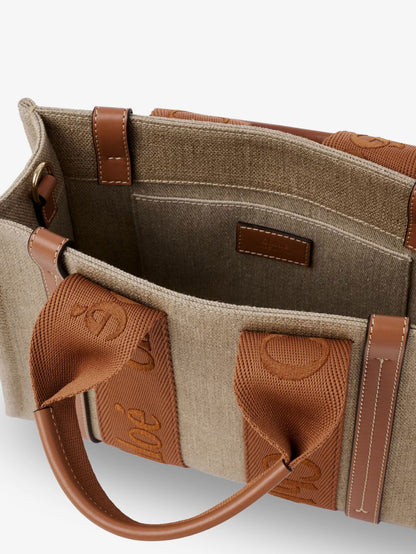 Chloe' Woody Linen Canvas And Leather Crossbody Bag