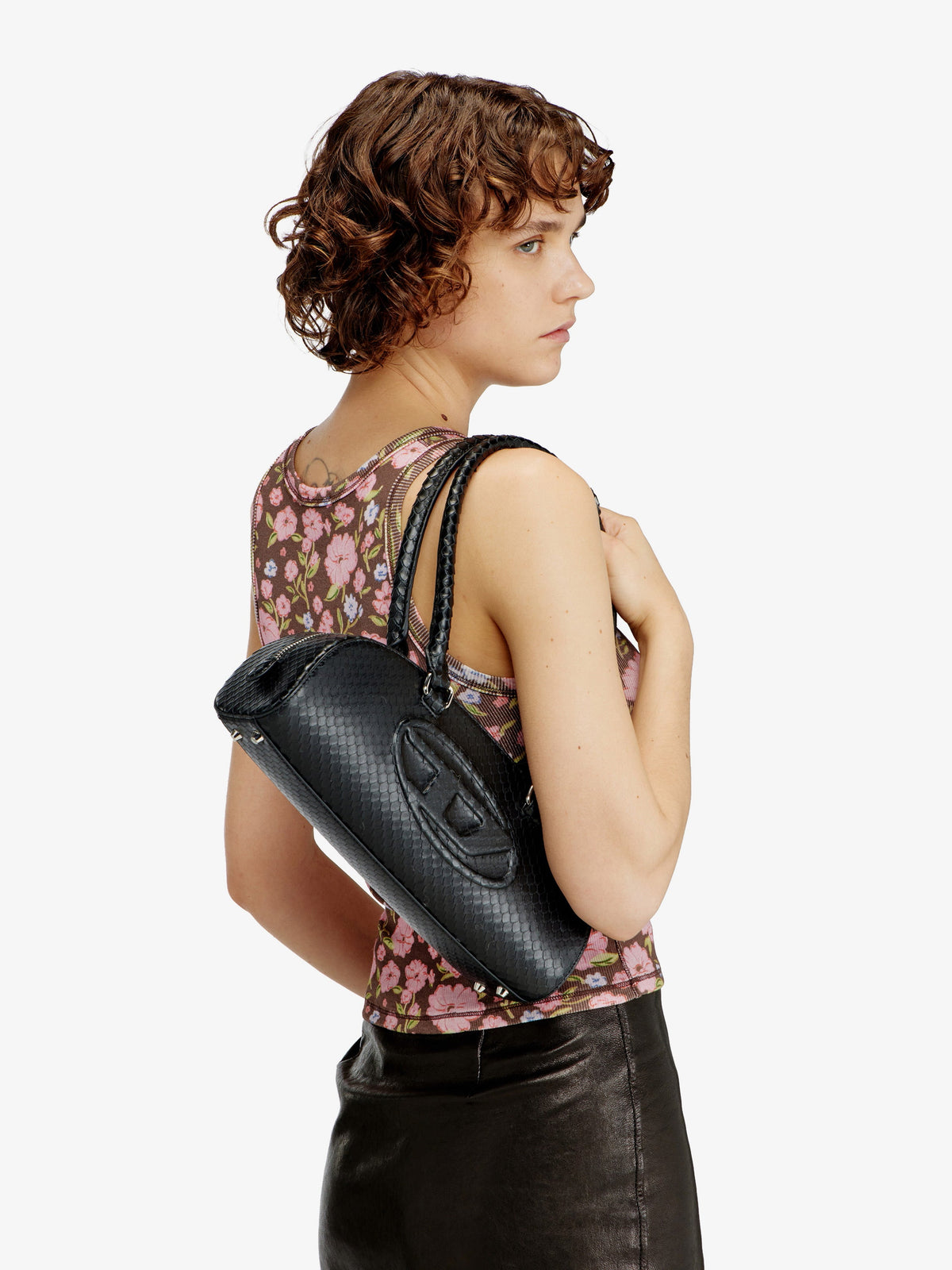 Diesel 1DR python effect leather shoulder bag - Black