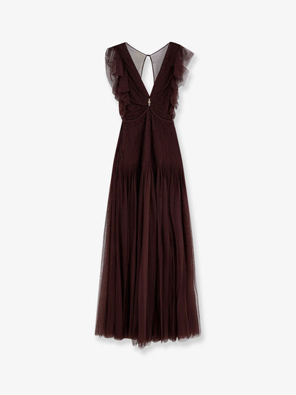 Elisabetta Franchi Red Carpet long dress with rhinestones detail - Cacao