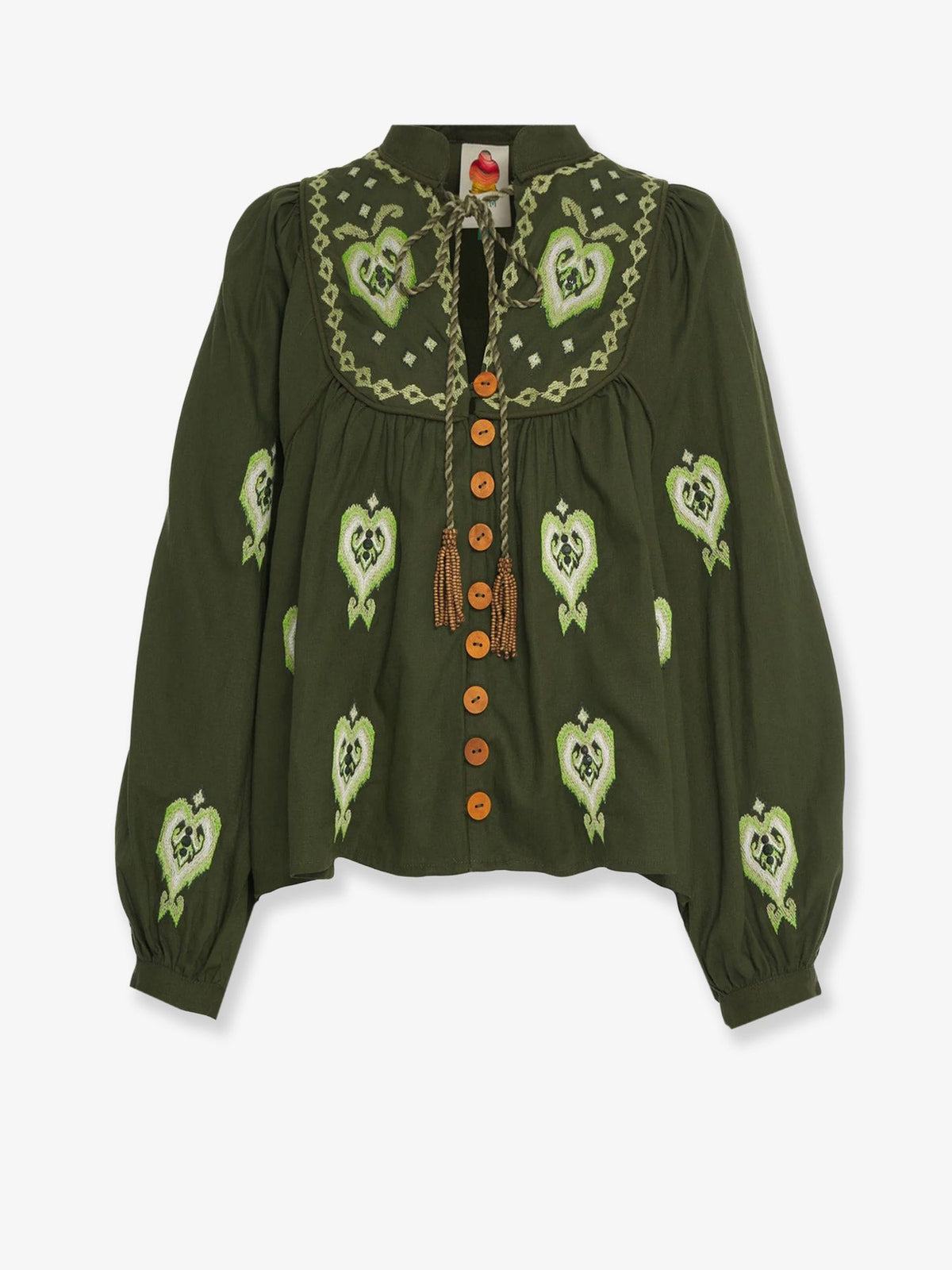 Farm Rio Embroidered puff sleeve lenzing™ ecovero™ euroflax™ shirt - Green
