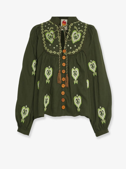 Farm Rio Embroidered puff sleeve lenzing™ ecovero™ euroflax™ shirt - Green