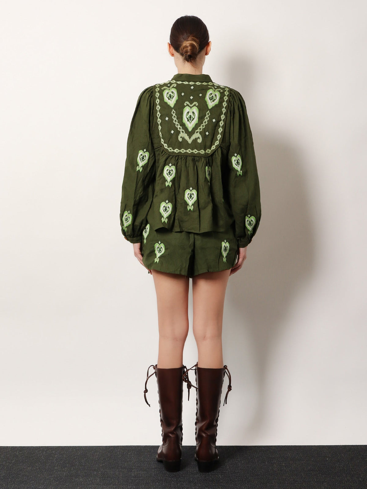 Farm Rio Embroidered puff sleeve lenzing™ ecovero™ euroflax™ shirt - Green