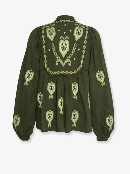 Farm Rio Embroidered puff sleeve lenzing™ ecovero™ euroflax™ shirt - Green