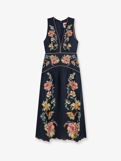 Farm Rio Maira long linen dress with floral print - Mairafloraldarkblue