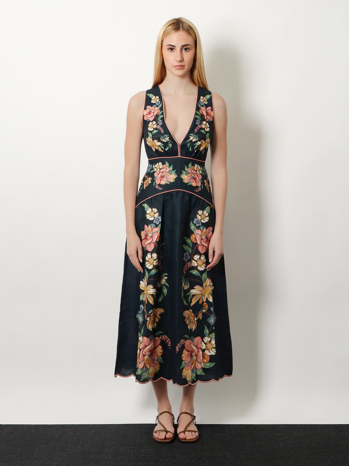 Farm Rio Maira long linen dress with floral print - Mairafloraldarkblue
