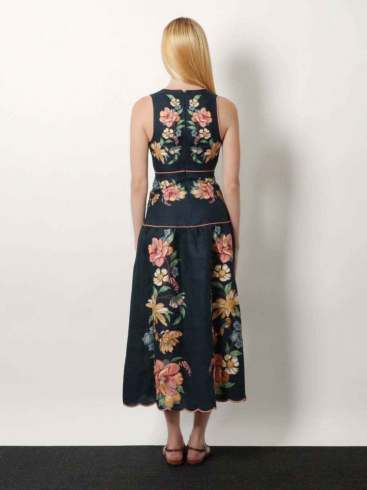 Farm Rio Maira long linen dress with floral print - Mairafloraldarkblue