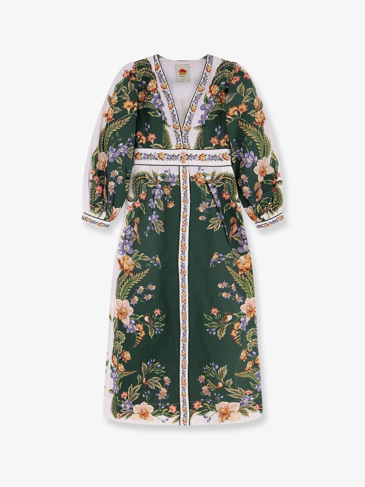 Farm Rio Long cotton dress with floral print - Naturegreen