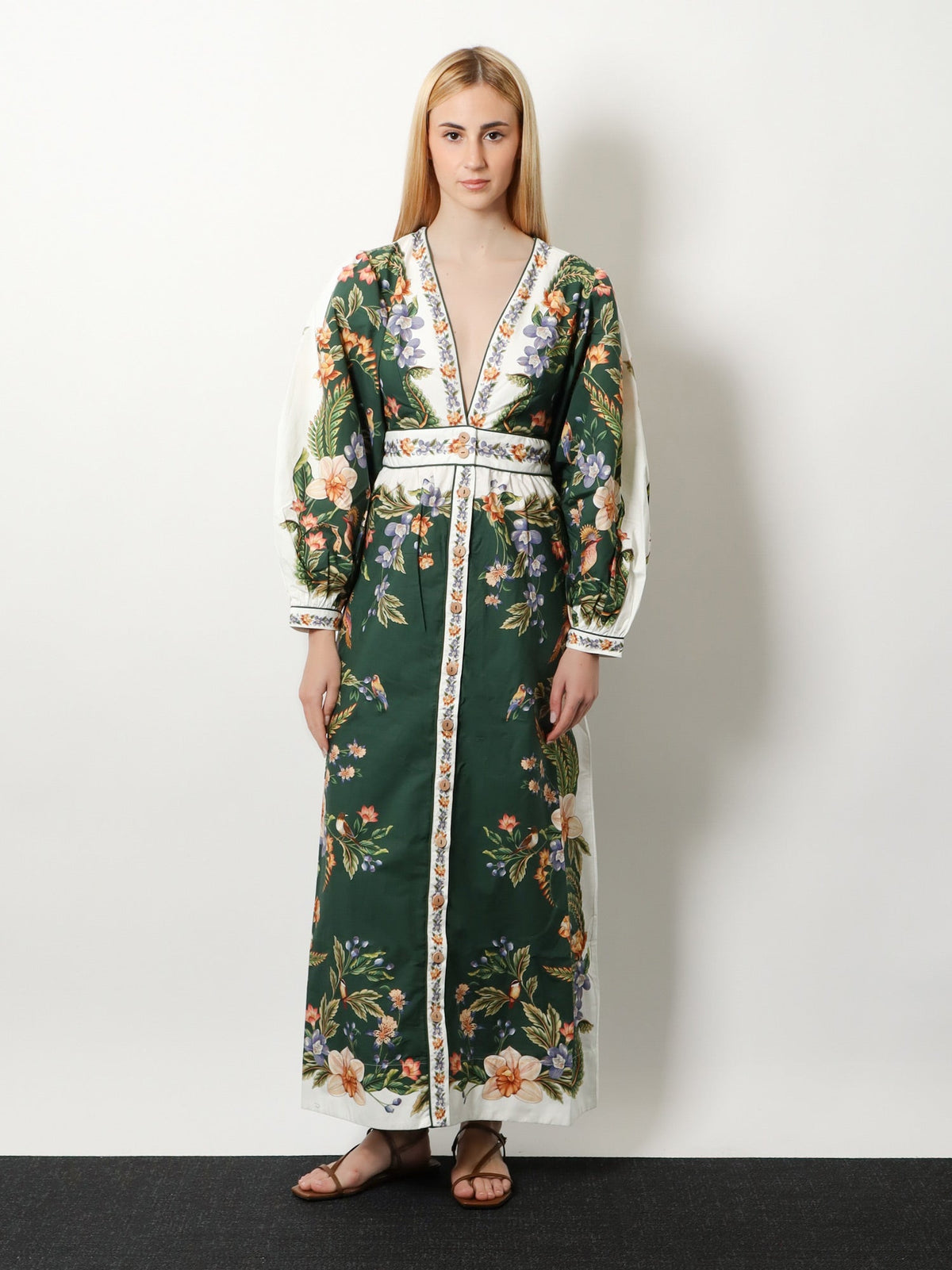 Farm Rio Long cotton dress with floral print - Naturegreen
