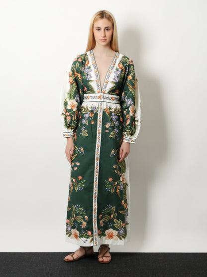 Farm Rio Long cotton dress with floral print - Naturegreen