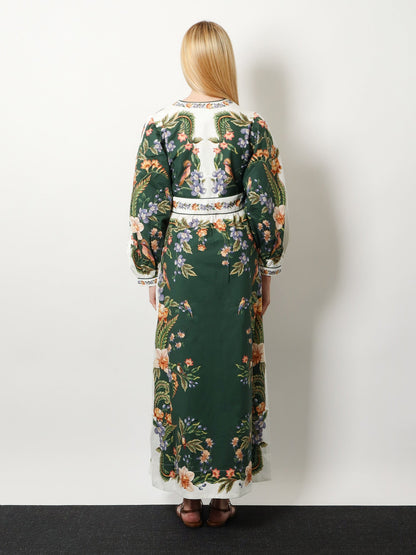 Farm Rio Long cotton dress with floral print - Naturegreen