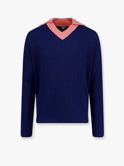 Fendi Cotton sweater with contrasting collar - Blu Ink+Peonia