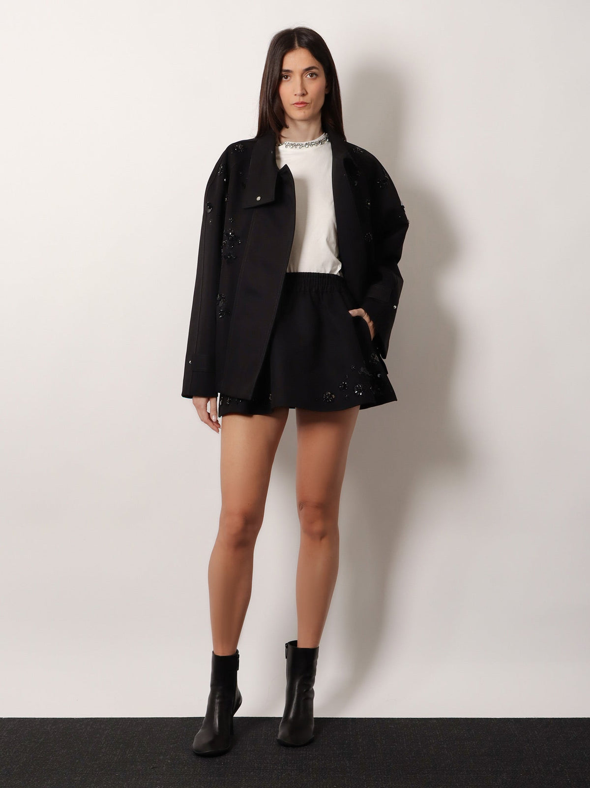 Golden Goose Deluxe Brand Black denim jacket with floral details in sequins and crystals