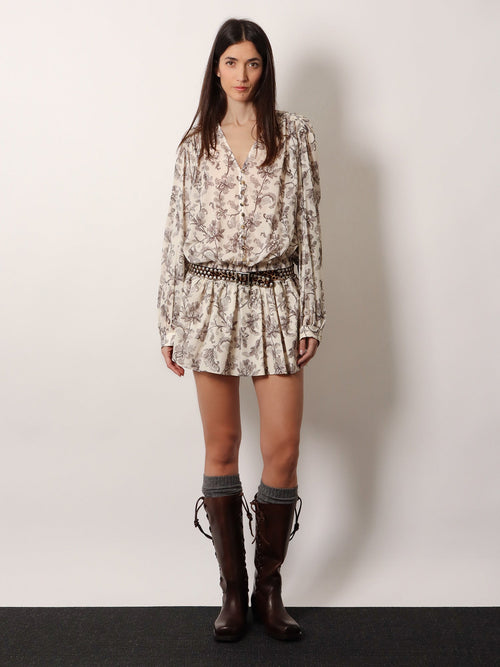 Golden Goose Short cotton dress with floral pattern - Dusty White Black