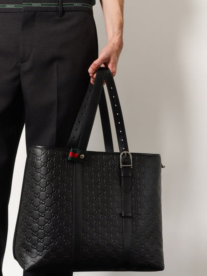 Gucci GG Emblem  leather shopping bag with embossed GG motif - Black