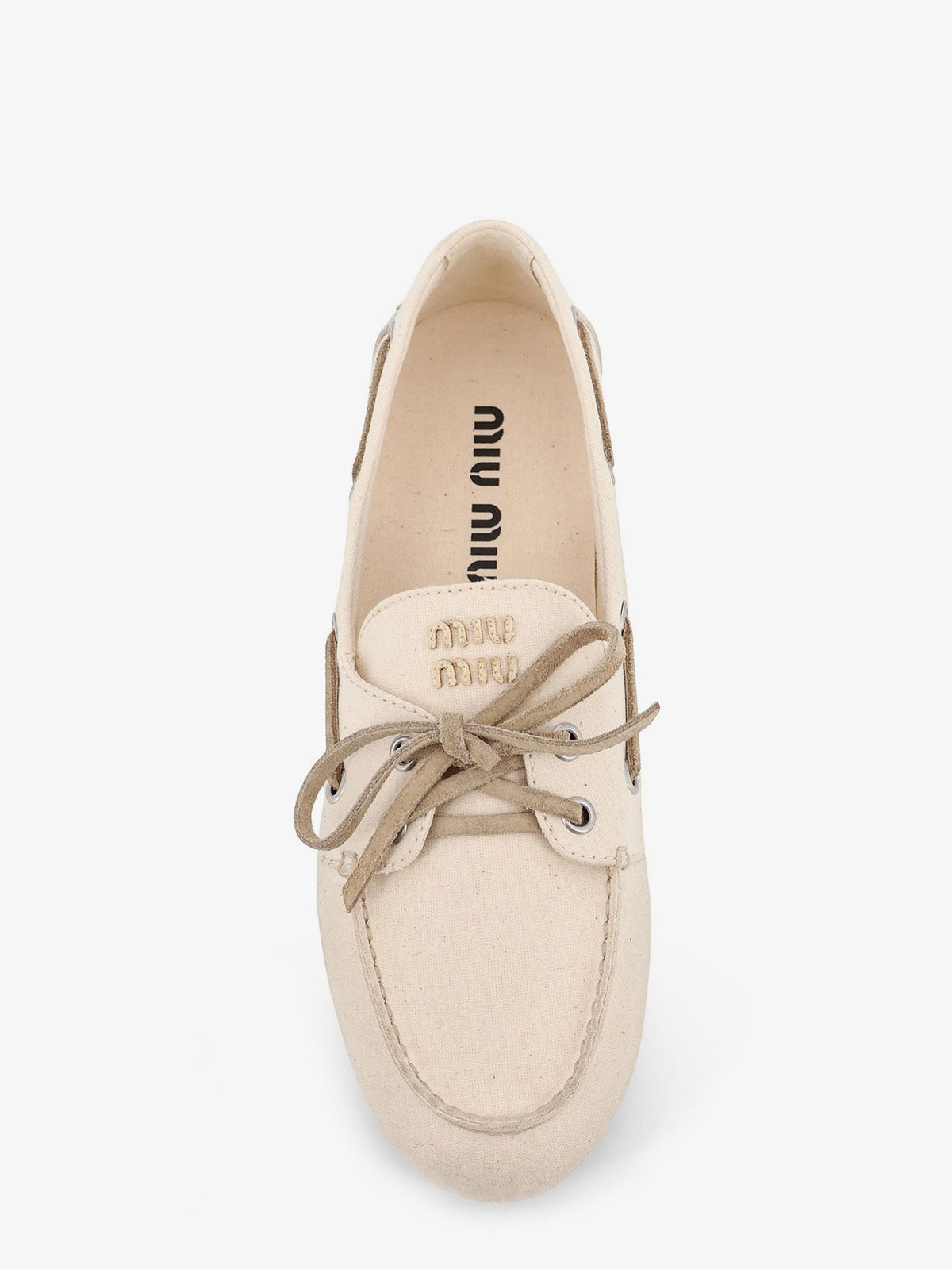 Miu Miu Fabric loafers with front lettering logo - Ecru