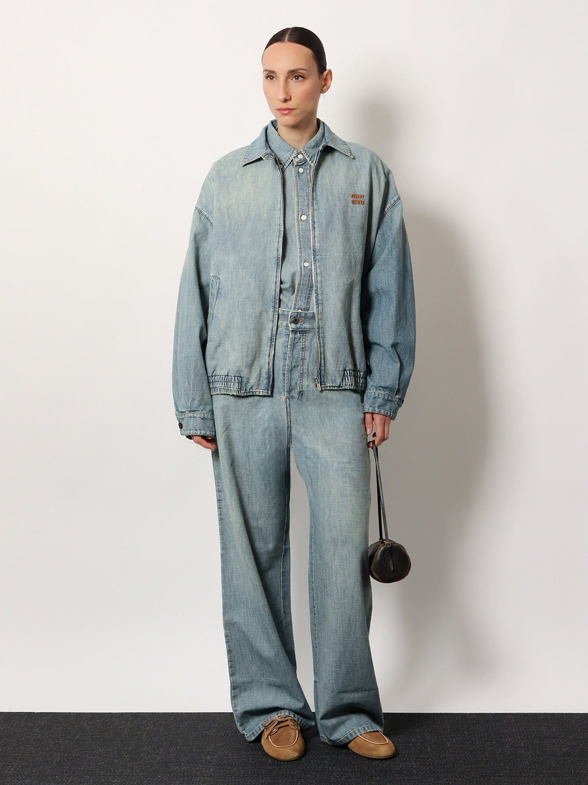 Miu Miu Cotton Jeans with Logo Lettering embroidery - Celeste