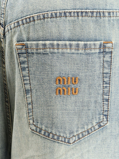 Miu Miu Cotton Jeans with Logo Lettering embroidery - Celeste