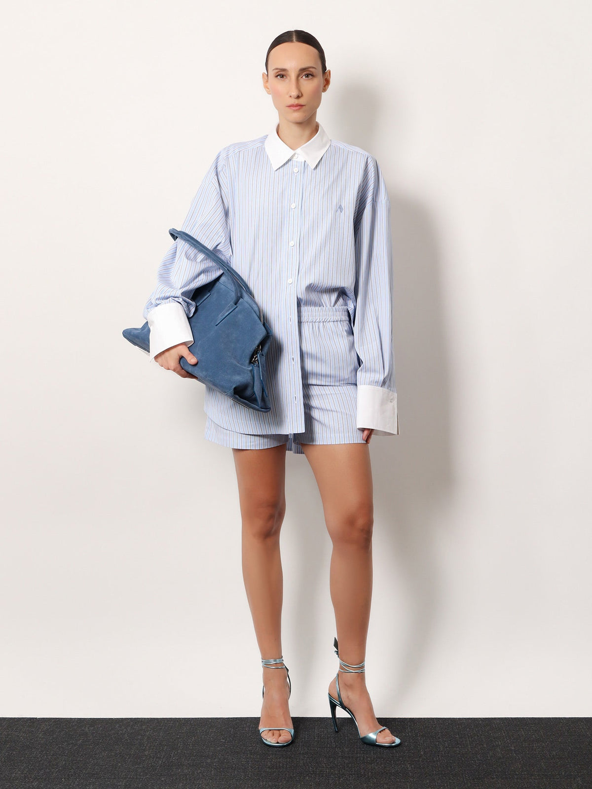 The Attico Striped cotton shorts - Light Blue White