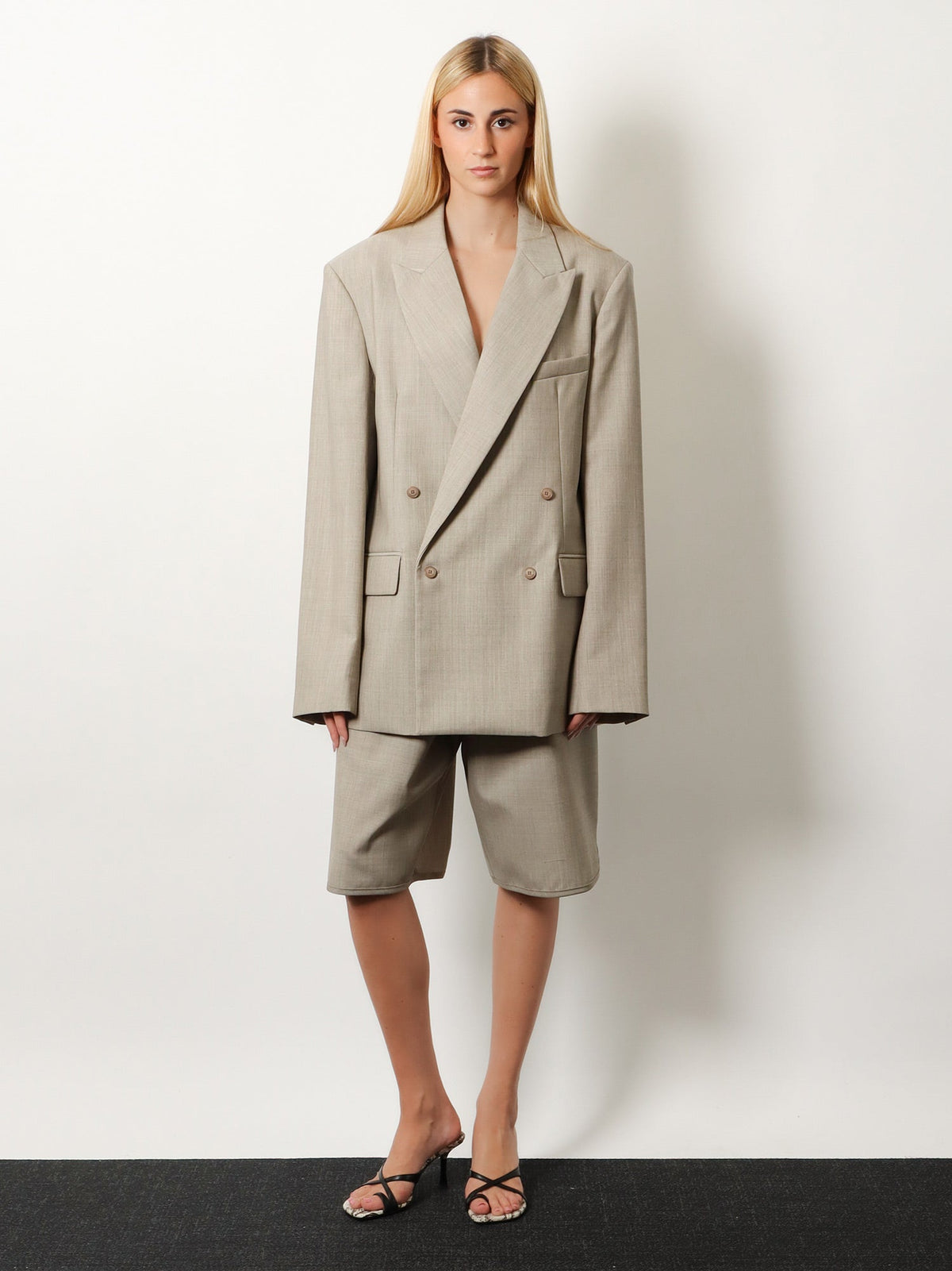 The Frankie Shop Newark double-breasted mélange virgin wool blazer - Beigemelange