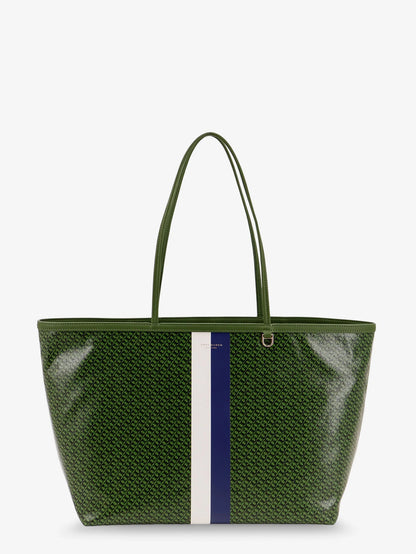 Tory Burch Coated Canvas The Racer Tote Shoulder Bag With All Over Logo