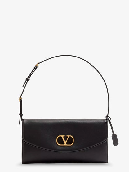 Valentino Garavani De Vain Leather Shoulder Bag With Metal V Logo Signature
