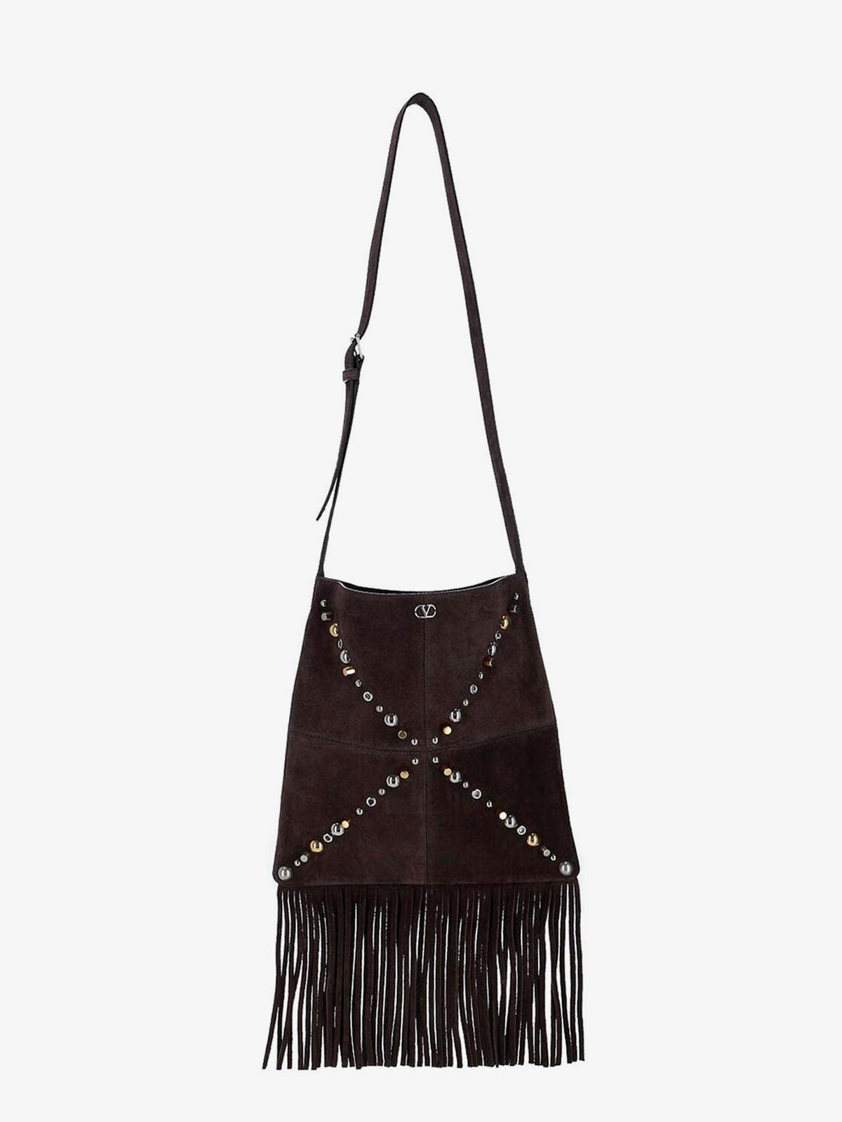 Valentino Garavani Suede shoulder bag with fringes and metal details - Testa Di Moro