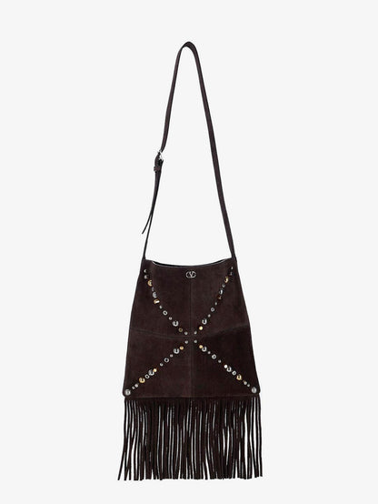 Valentino Garavani Suede shoulder bag with fringes and metal details - Testa Di Moro