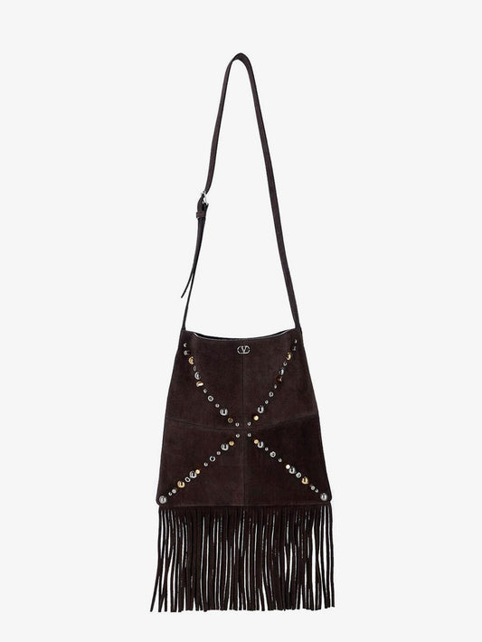 Valentino Garavani Suede shoulder bag with fringes and metal details - Testa Di Moro