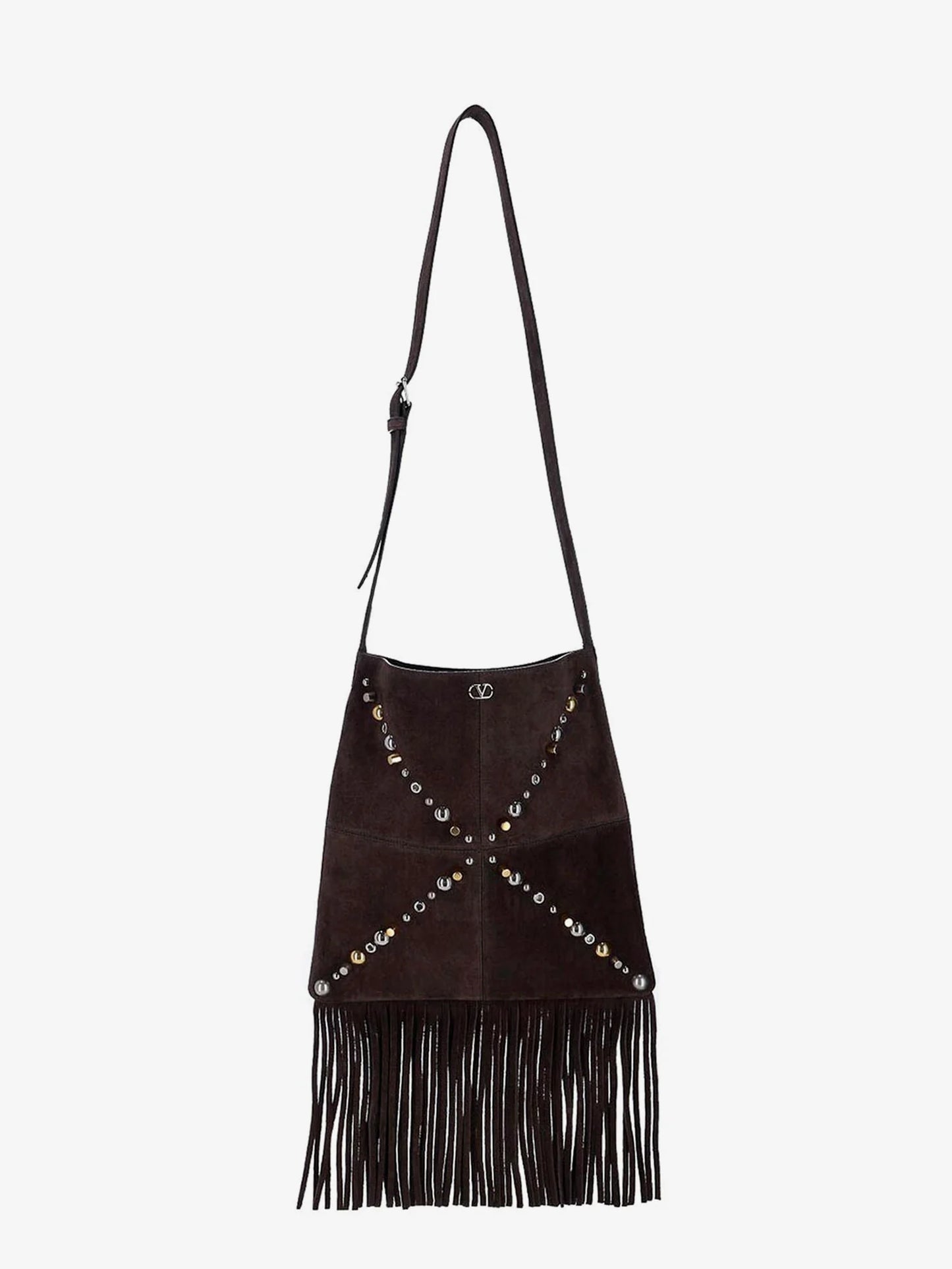 VALENTINO GARAVANI - Suede shoulder bag with fringes and metal details