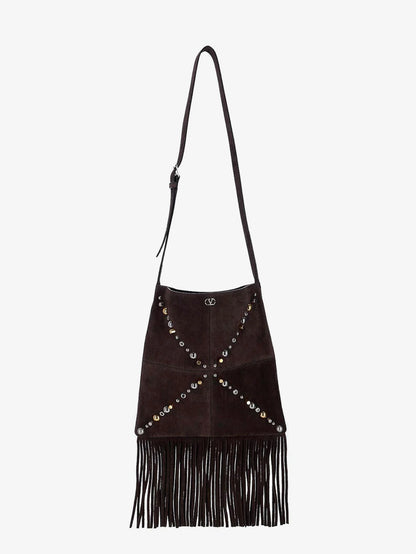 VALENTINO GARAVANI - Suede shoulder bag with fringes and metal details