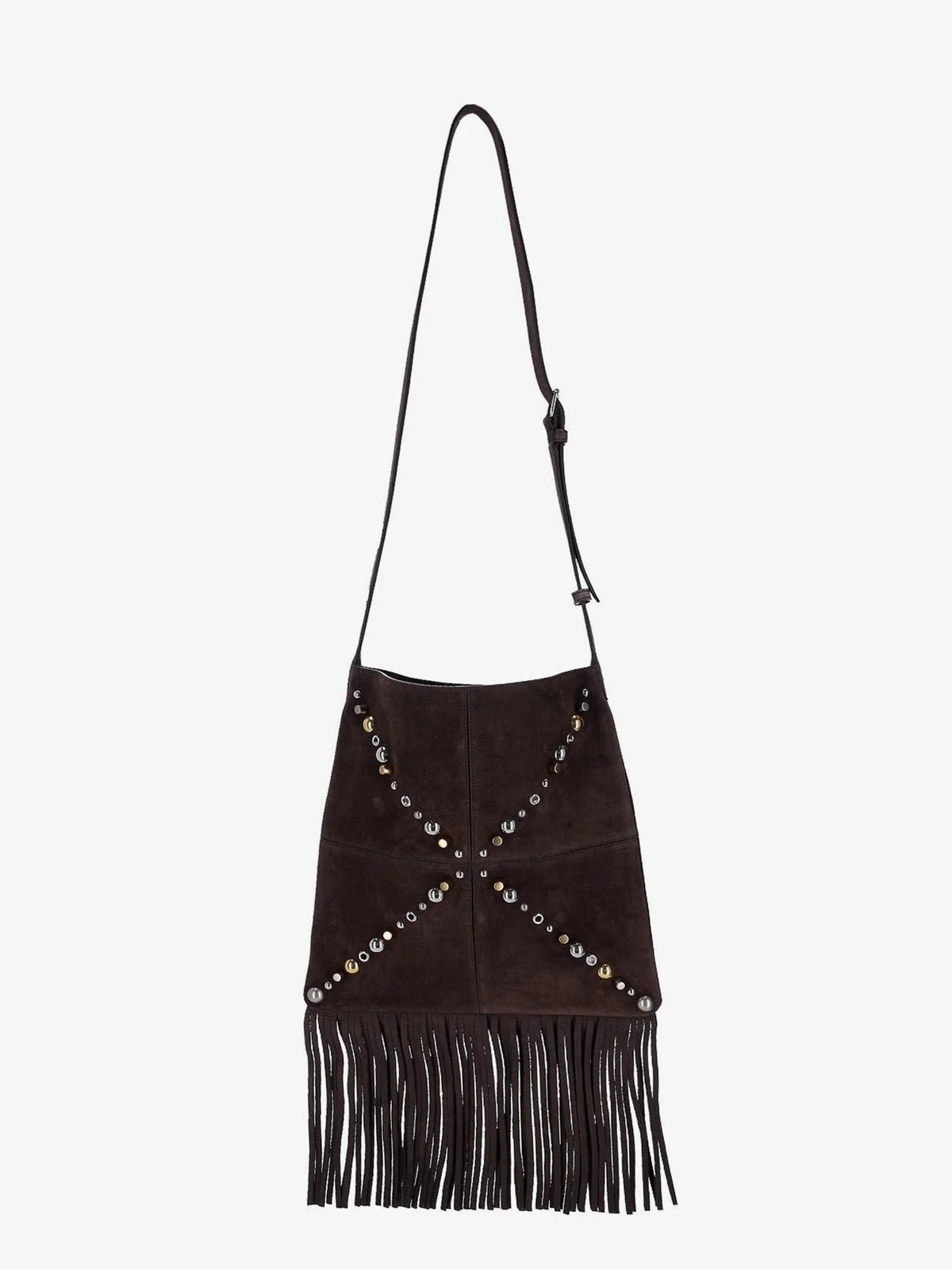 VALENTINO GARAVANI - Suede shoulder bag with fringes and metal details
