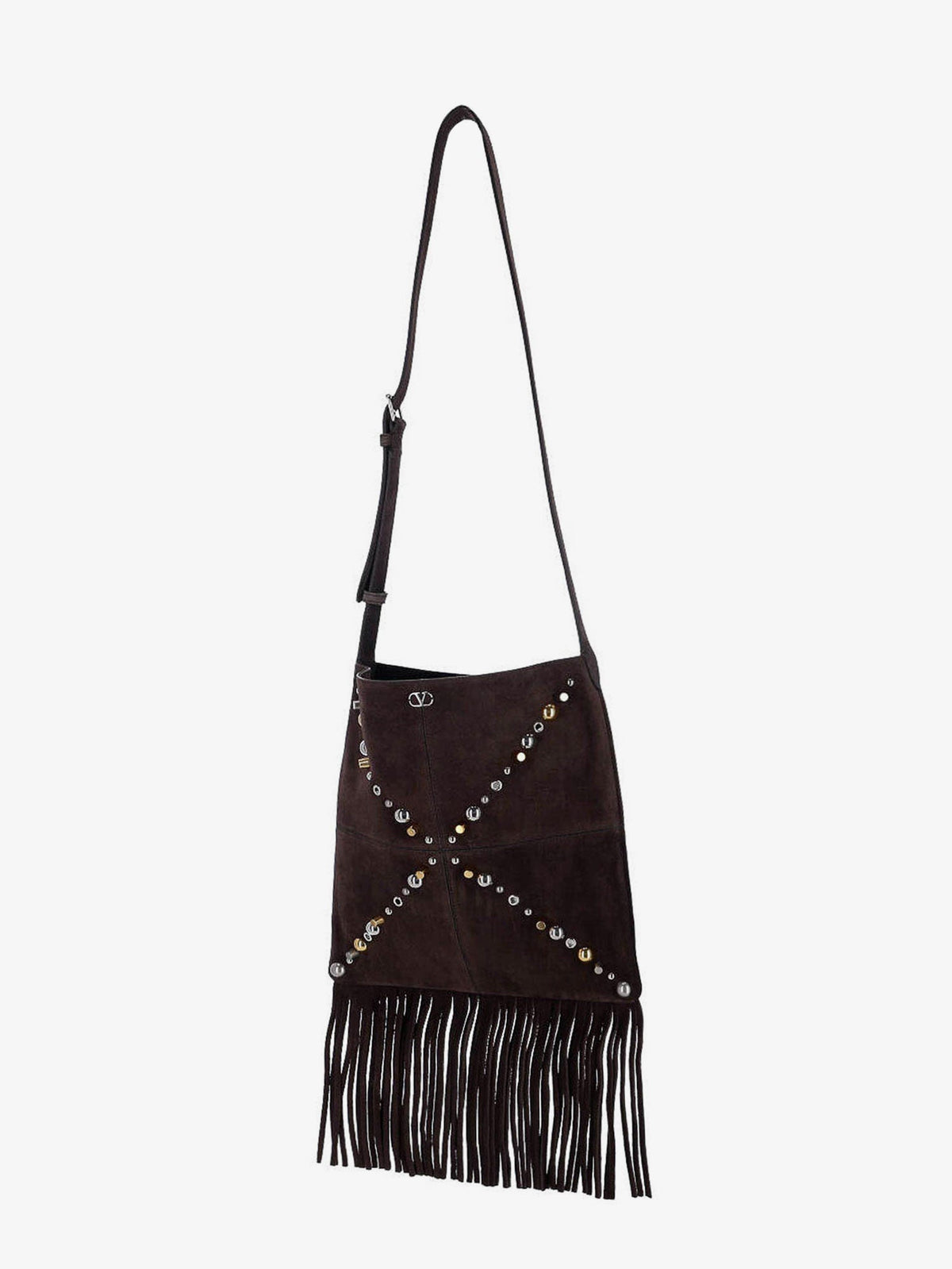 Valentino Garavani Suede shoulder bag with fringes and metal details - Testa Di Moro