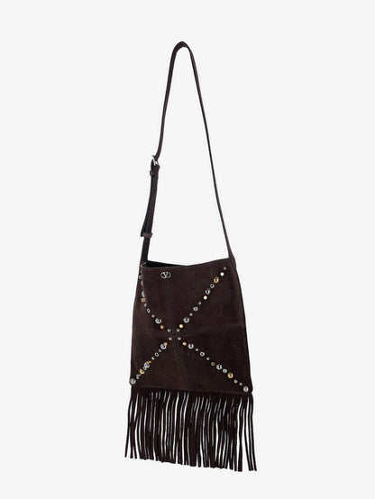 Valentino Garavani Suede shoulder bag with fringes and metal details - Testa Di Moro