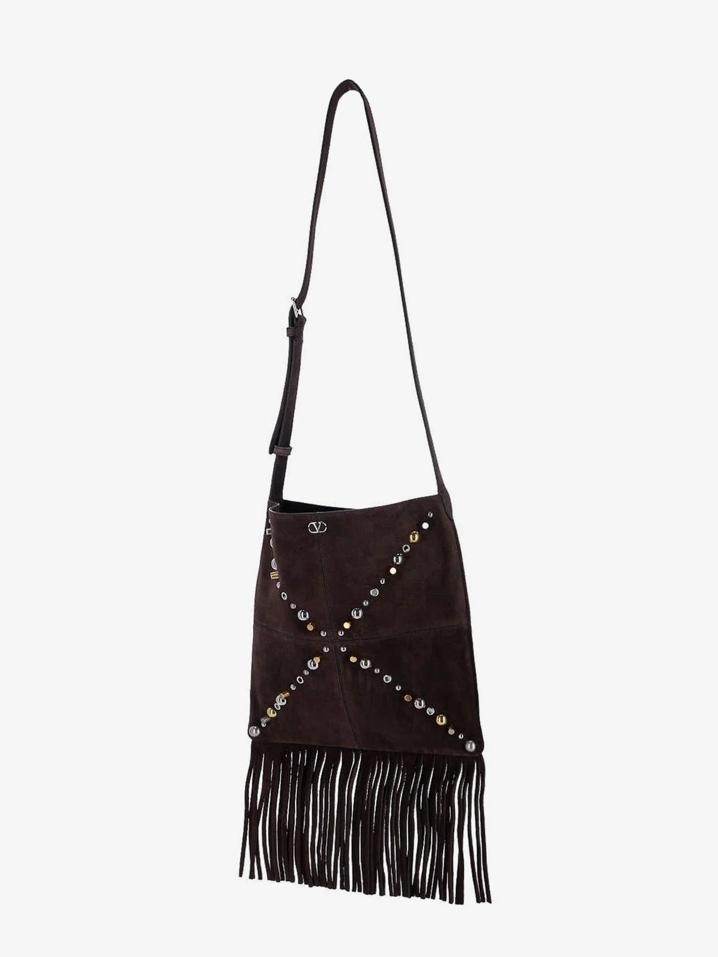 VALENTINO GARAVANI - Suede shoulder bag with fringes and metal details