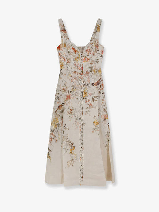 Zimmermann Luna Linen Midi Dress With All Over Floral Print