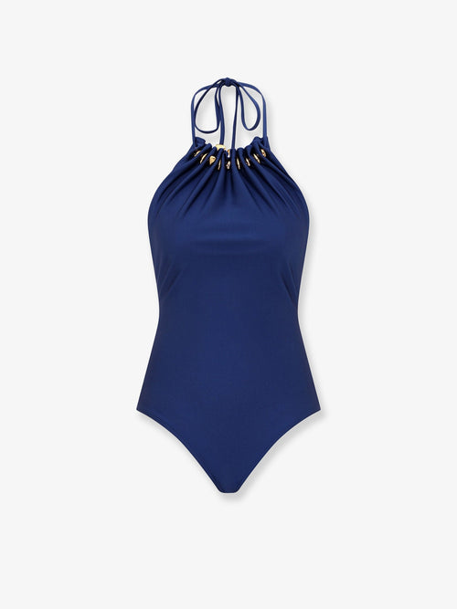 Zimmermann Aster one-piece swimsuit in shiny nylon with bead detail - Darkcobalt