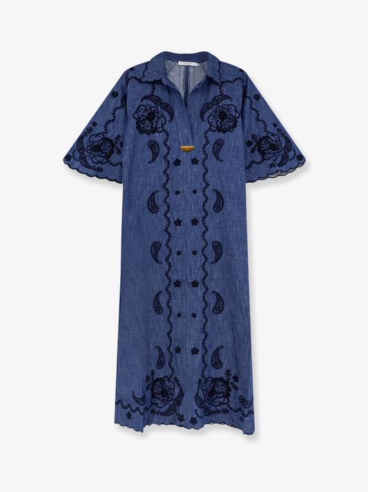 Zimmermann Aster Long Denim Dress With Contrasting Embroidery