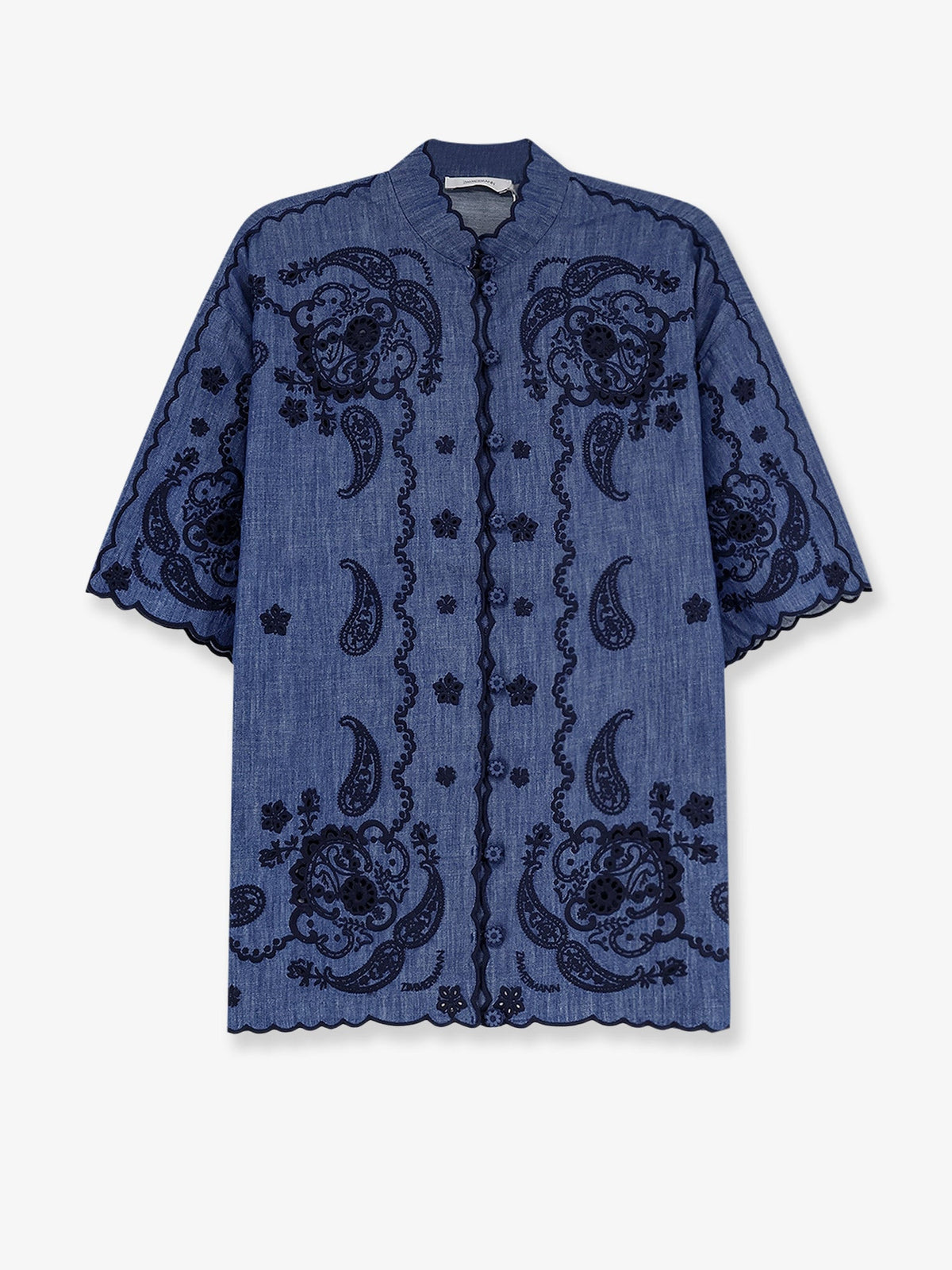 Zimmermann Aster denim shirt with all-over contrasting embroidery - Railwayblue