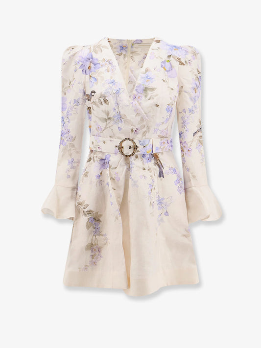 Zimmermann Luna Short Linen Dress With Songbird Print