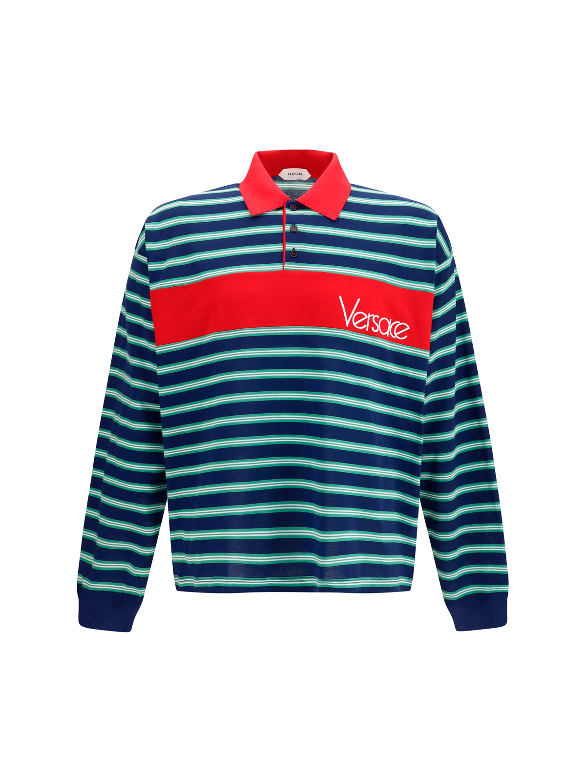 Versace Striped cotton Polo - Ink/Grass Green/White
