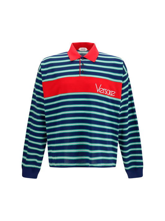 Versace Striped cotton Polo - Ink/Grass Green/White