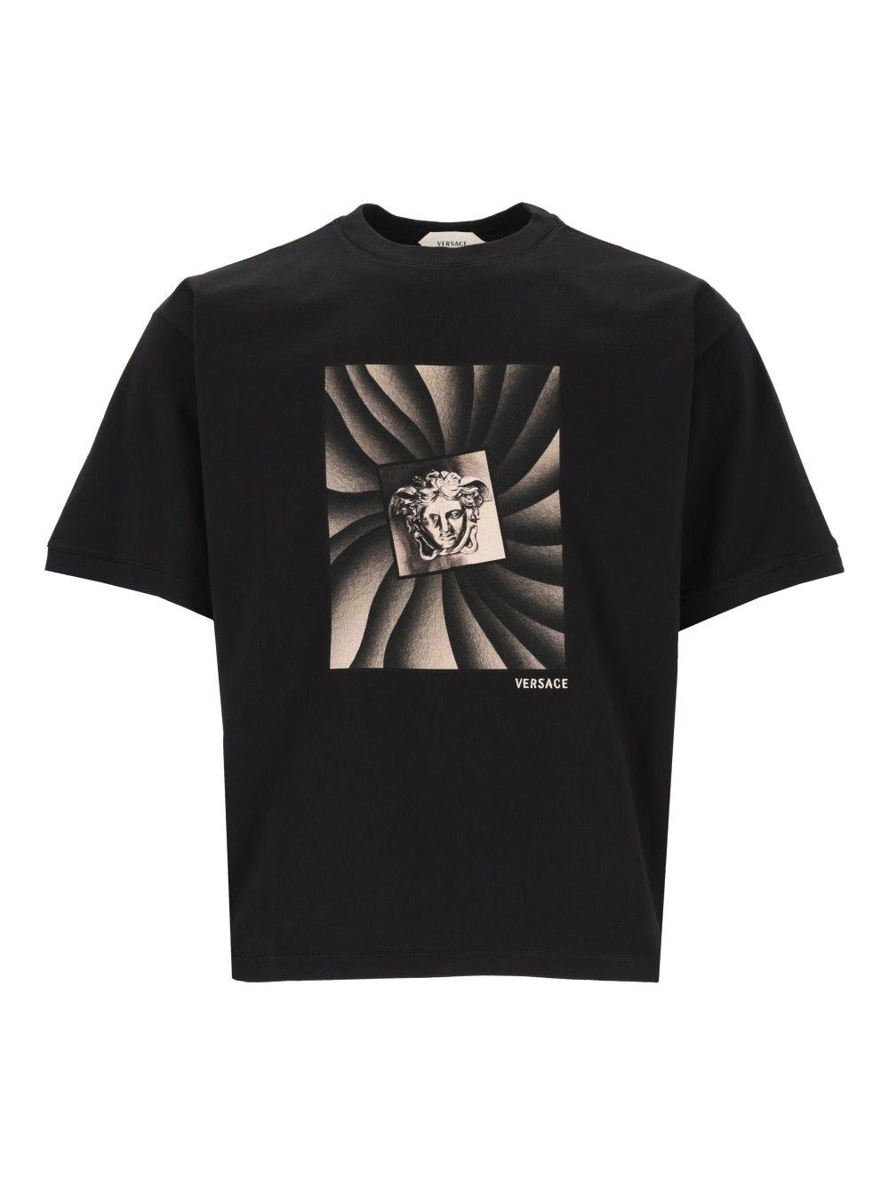 Versace Regular Fit Cotton Jersey T-Shirt With Print - Black